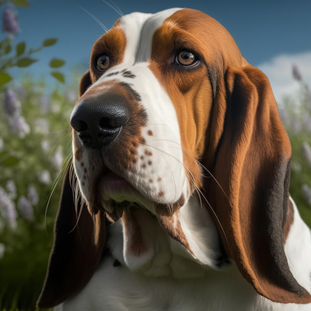 Realistisches, hinreißendes Porträt von Basset Hound im Hintergrund der Natur im Freien