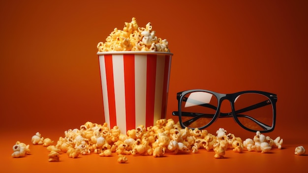 Realistisches Kinoplakat mit Popcorn-Eimer, Trinkbecher und Becher mit 3D-Brille