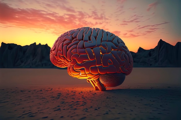 Realistisches menschliches Gehirn mit dem Sonnenuntergang im Hintergrund