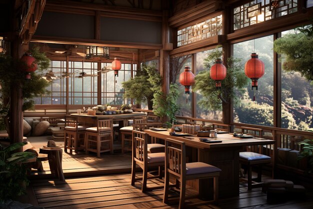 Realistisches modernes japanisches Restaurant-Innendesign, erstellt mit generativer KI
