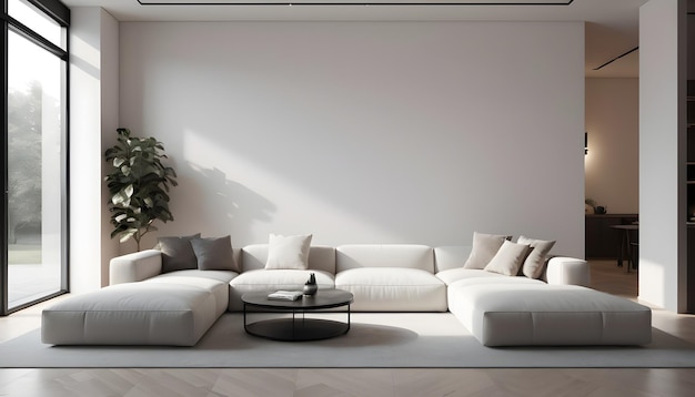 Realistisches modernes Wohnzimmer mit Sofa und weißer Wand