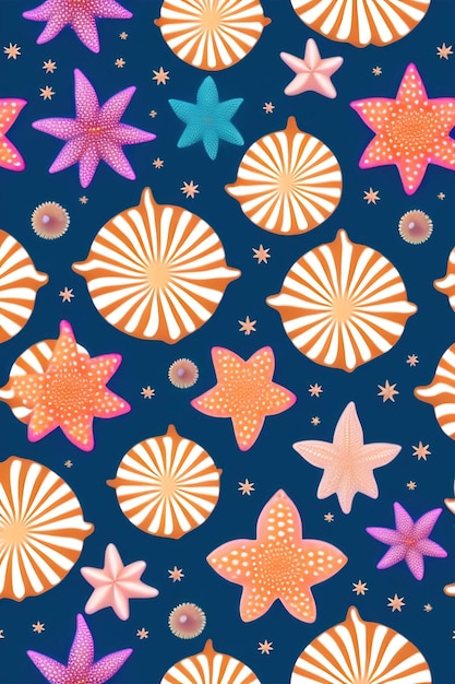 Realistisches, nahtloses Muster mit Seesternen, Muscheln und Korallen
