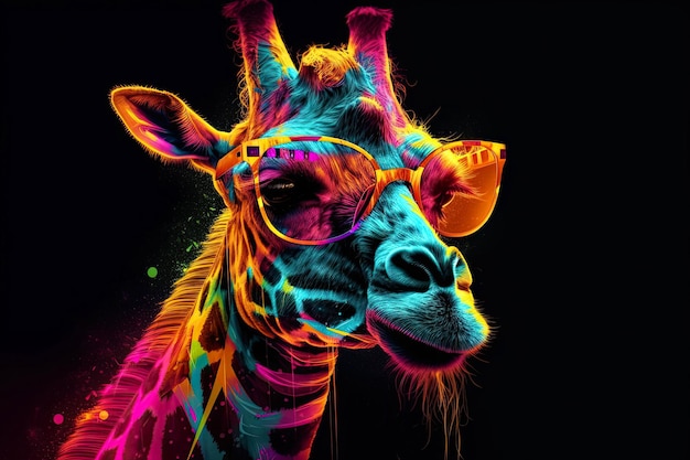 Realistisches Porträt einer Hipster-Giraffe mit Brille in Neonfarben Generative KI-Illustration