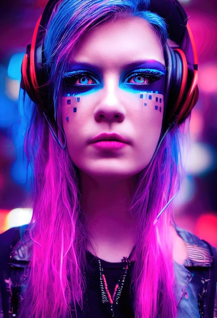 Realistisches Porträt eines fiktiven Punk-hübschen Mädchens mit Kopfhörern und blaurosa Haaren.
