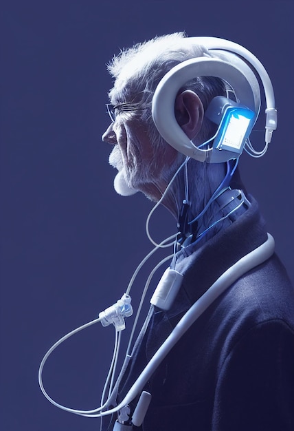 Realistisches Porträt eines Großvaters im futuristischen Cyberpunk-Stil mit Cyber-Headset