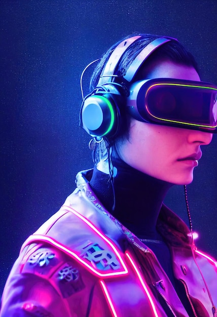 Realistisches Porträt eines Mannes in einem Cyberpunk-Anzug mit einem Hintergrund aus Neonlicht