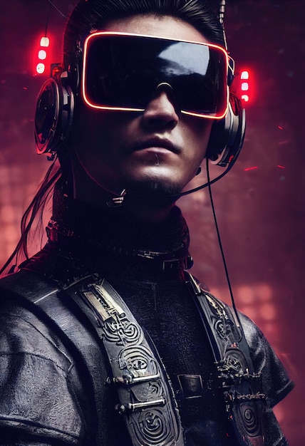 Realistisches Porträt eines Scifi-Cyberpunk-Kriegers in einem Cyber-Anzug. Hightech-futuristischer Mann