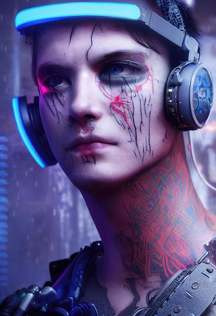 Realistisches Porträt eines Scifi-Cyberpunk-Männers in einem Cyber-Anzug. Hightech-futuristischer Mann