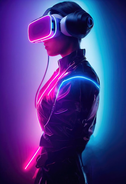 Realistisches Porträt eines Scifi-Neon-Cyberpunk-Mädchens in einem Cyber-Anzug. Hightech-futuristischer Mann