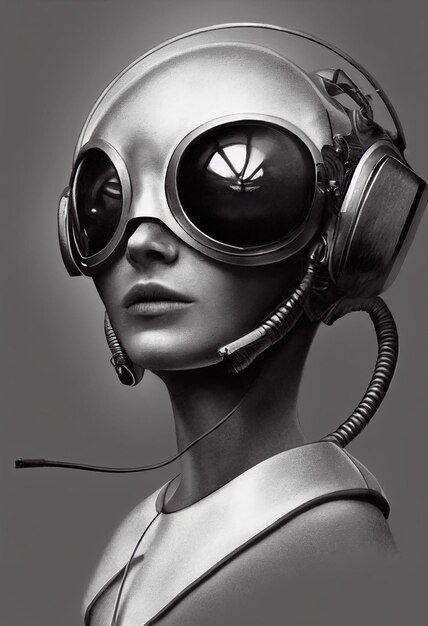 Realistisches Porträt eines Scifi-Steampunk-Mädchens in einem Cyber-Helm Hightech-Retro-Mann