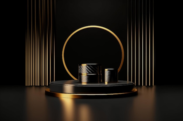 Realistisches schwarz-goldenes 3D-Zylinderpodest für die Produktpräsentation Ai Generated