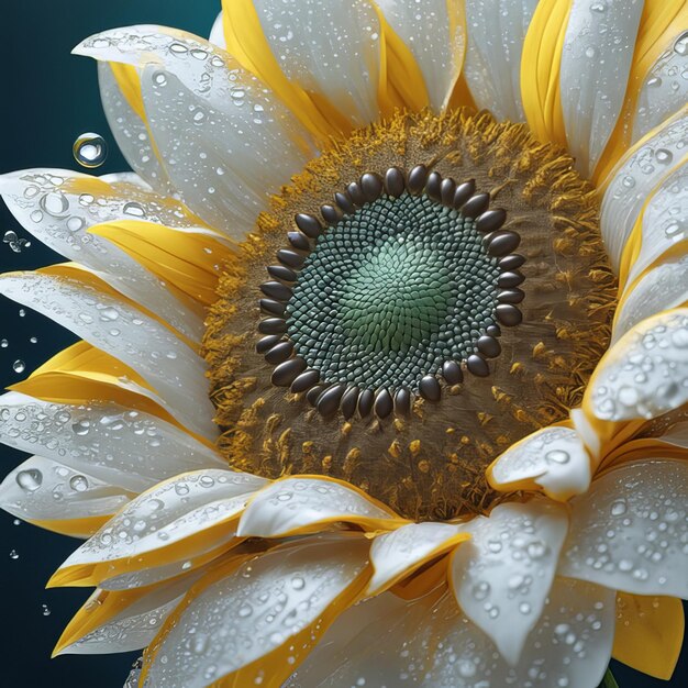 Realistisches Sonnenblumenset mit Wassertropfen aus leichten Partikeln