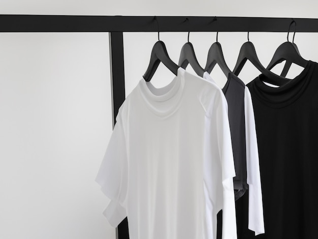 Realistisches T-Shirt-Modell. Leeres schwarz-weißes T-Shirt auf Kleiderbügel. T-Shirt-Modell-Design