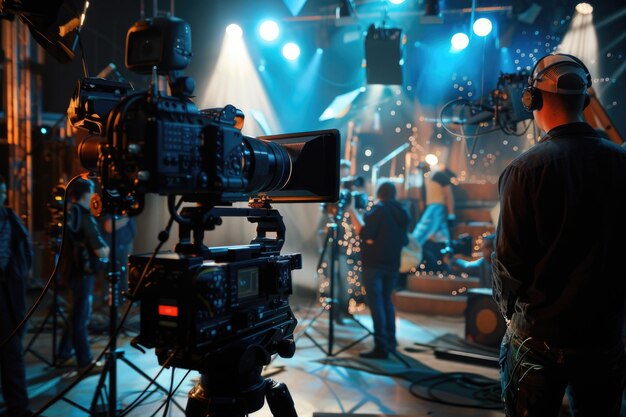 Foto realización de comerciales de cine y televisión detrás de las escenas con el equipo de filmación en el estudio y el set