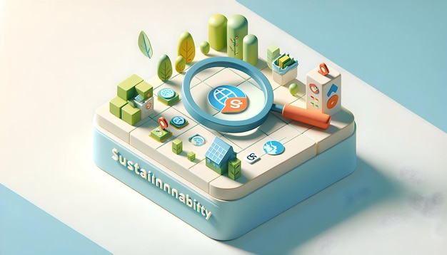 Realizações de Sustentabilidade Ícone plano 3D exibido com lupa em Wallp Isométrico Abstrato