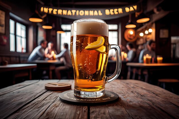 Foto realmente un vaso y una botella de cerveza sentados en la mesa de madera para el día internacional de la cerveza