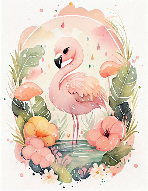 Reamy acuarela lindo feliz chibi flamingo con fondo de cuento de hadas florido colores pastel suaves generat ai