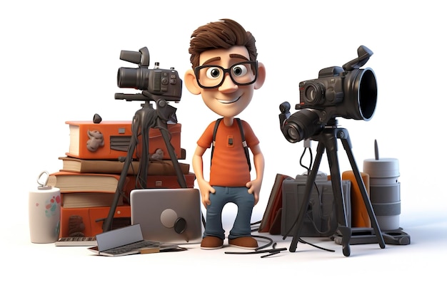 Foto reate personagens 3d representando um videógrafo e uma equipe de filmagem
