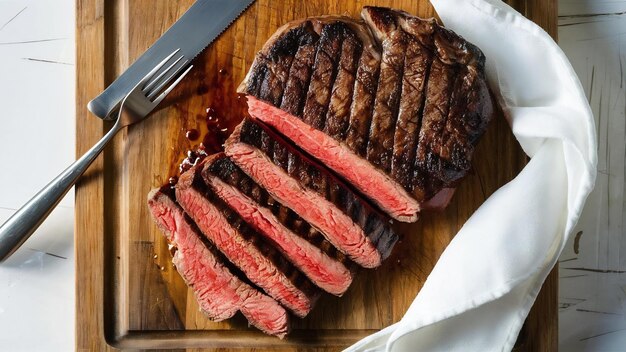 Una rebanada de bistec a la parrilla en la tabla de cortar con tenedor y servilleta sobre la mesa