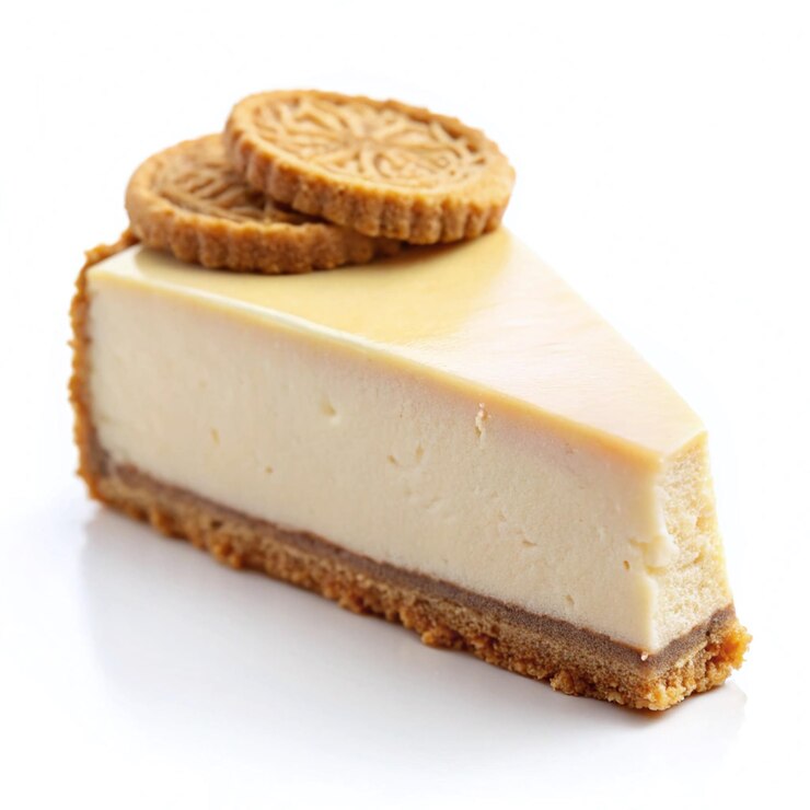 Una rebanada cremosa de pastel de queso al estilo de Nueva York con dos galletas de mantequilla