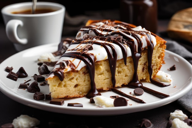 Rebanada decadente de pastel de plátano cubierta con crema batida y llovizna de salsa de chocolate