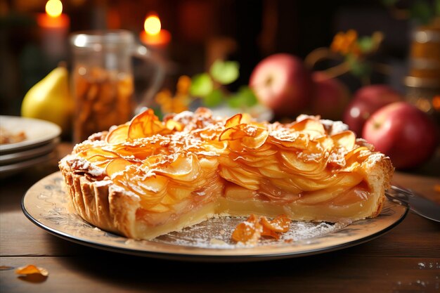 Una rebanada de deliciosa tarta de manzana y pera con masa crujiente dorada pastel casero