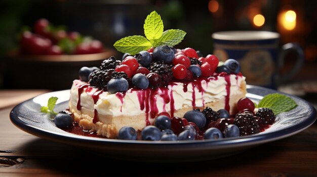 Una rebanada de delicioso pastel de queso de arándanos