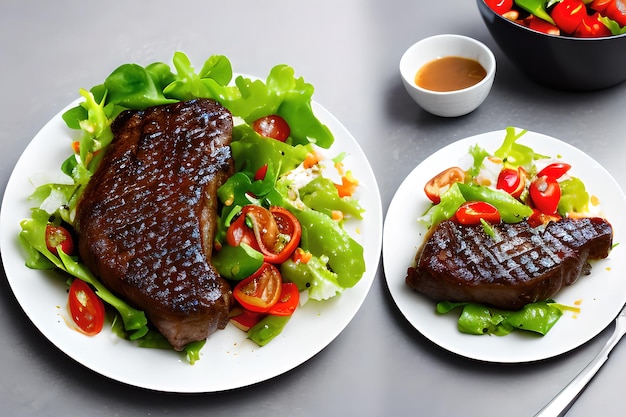 Rebanada de filete de ternera en un plato con ensalada