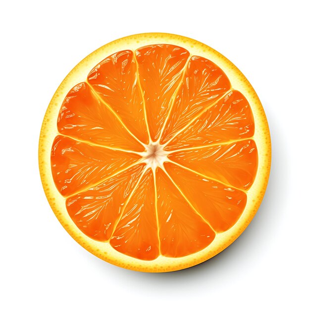 Rebanada de fruta de naranja sobre fondo blanco.