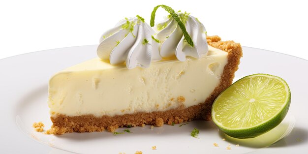 Rebanada de Key Lime Pie aislada sobre un fondo transparente donde la acidez de la cal y el