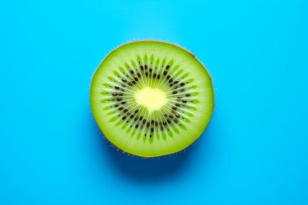 Una rebanada de kiwi aislada en un fondo azul vista de arriba