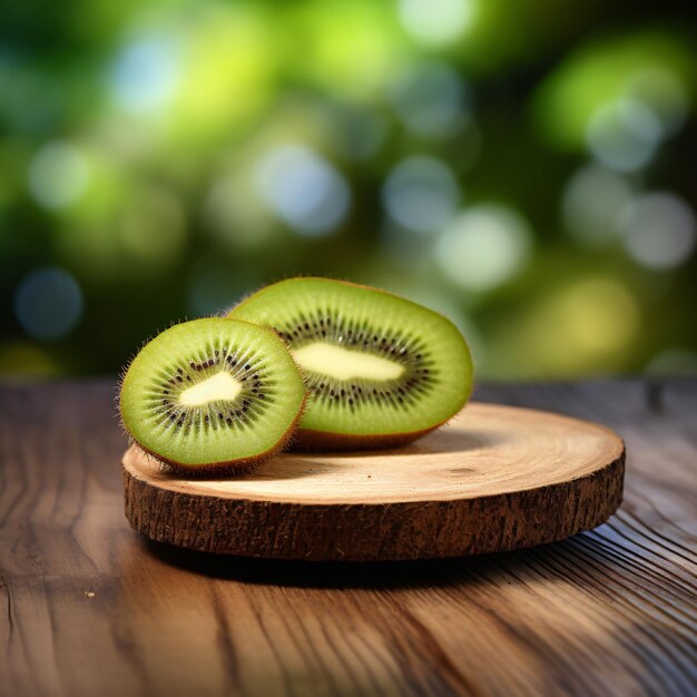 Una rebanada de kiwi ecológico fresco en una mesa de madera