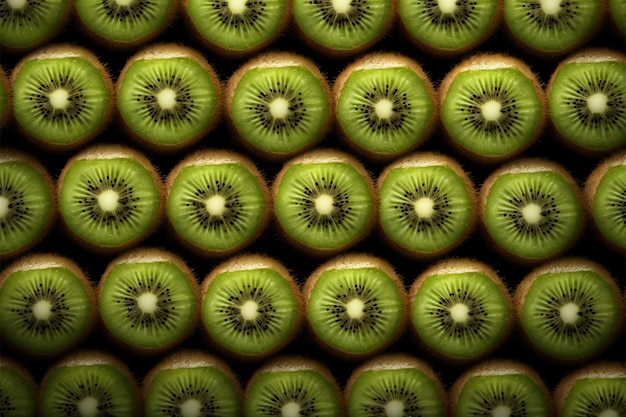 Una rebanada de kiwi rodeada de contrapartes intactas un conjunto frutal vibrante