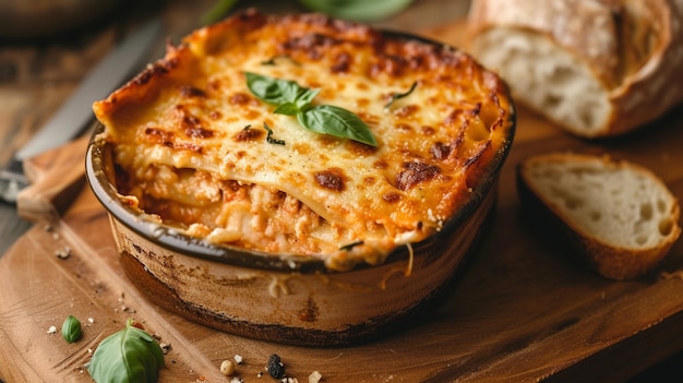 una rebanada de lasagna con queso marrón dorado en la parte superior en un plato de cerámica en una mesa de madera resaltar sus capas añadir guarniciones de albahaca e incluir un pedazo de pan crujiente al lado