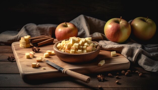 Foto rebanada de manzana gourmet saludable con camembert orgánico y nuez generada por ia