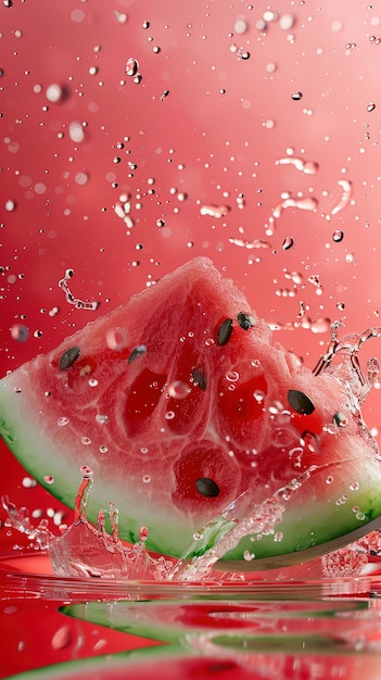 Una rebanada de melón de agua es salpicado con agua