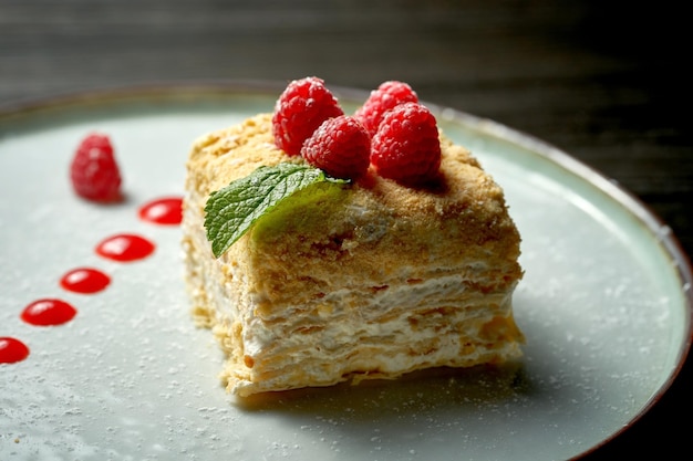 Una rebanada de milhojas de postre francés con capas de hojaldre y rebanada de vainilla o crema pastelera. pastel napoleón