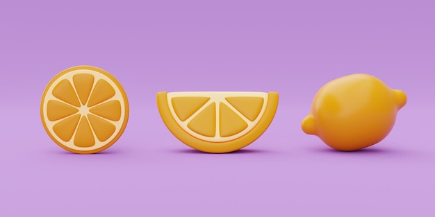 Rebanada de naranja aislado sobre fondo púrpura frutas de verano renderizado 3d