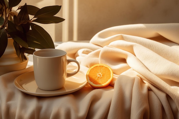 una rebanada de naranja en un plato al lado de una taza de café