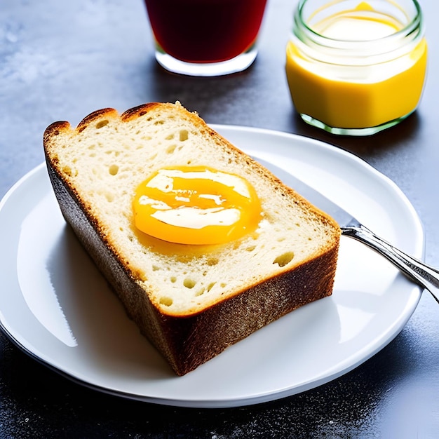 Una rebanada de pan con un huevo encima