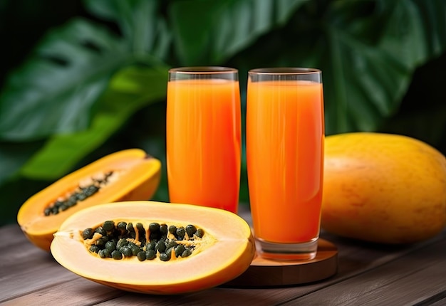 Una rebanada de papaya y jugo de papaya en un vaso