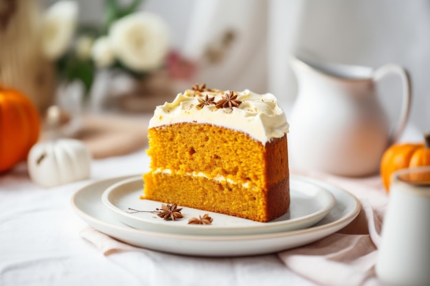 Rebanada de pastel de calabaza de buen gusto con crema batida y anís al mediodía concepto de pastelería casera