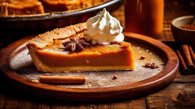 una rebanada de pastel de calabaza en un plato de madera con crema batida y palitos de canela en la foto de fondo se toma desde arriba