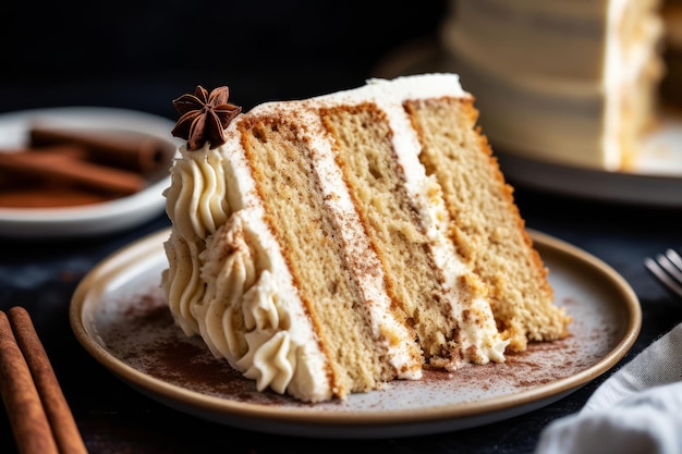 Una rebanada de pastel con canela en la parte superior