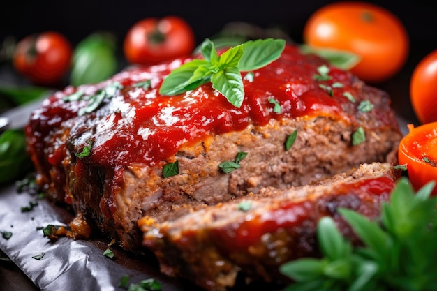 Rebanada de pastel de carne tierna y jugosa con glaseado de tomate y guarnición de hierbas