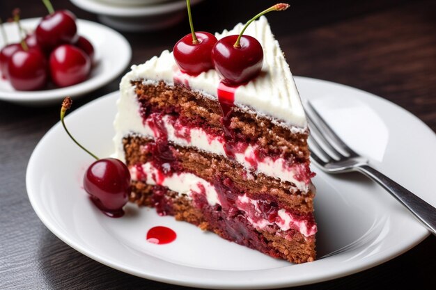 Foto una rebanada de pastel de cereza en un plato blanco