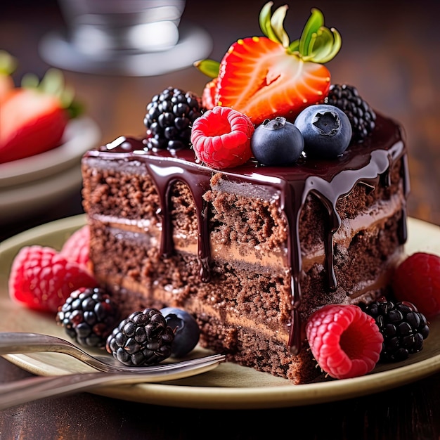 Una rebanada de pastel de chocolate con bayas encima