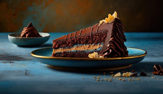 Una rebanada de pastel de chocolate con un bocado sacado.