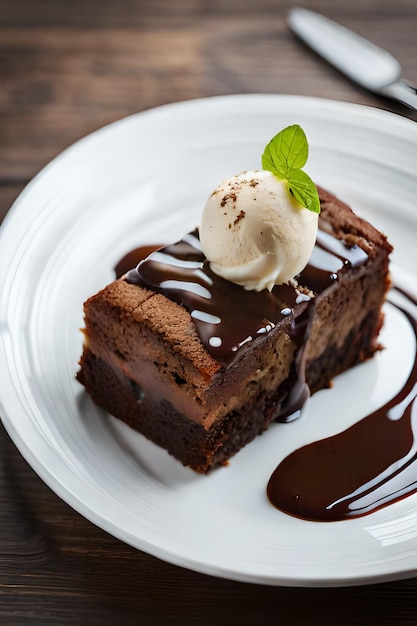 Una rebanada de pastel de chocolate con una bola de helado encima