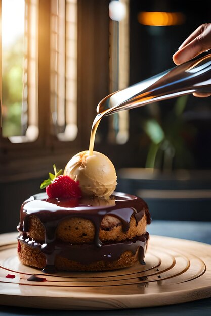 Una rebanada de pastel de chocolate con una bola de helado encima